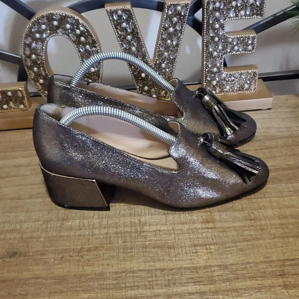 Karl Lagerfeld Mae Chunky Heel Bronze Gold Sparkly Tassel Shoes Sz 6M Euro Chic